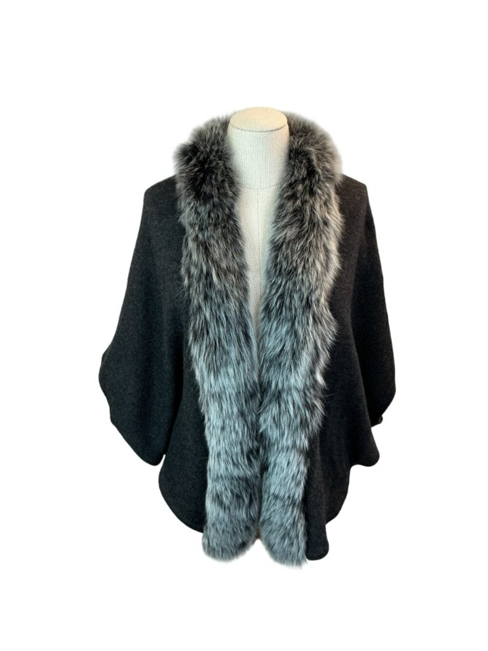 Magaschoni 100% Cashmere Cape With Fox Fur Trim Womens 2 Gray - Picture 3 of 13